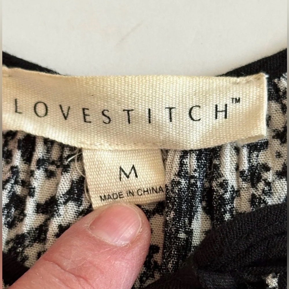 Lovestitch Black and White Boho Long Blouse Flare Sleeve Tie Front size Medium - Picture 5 of 10